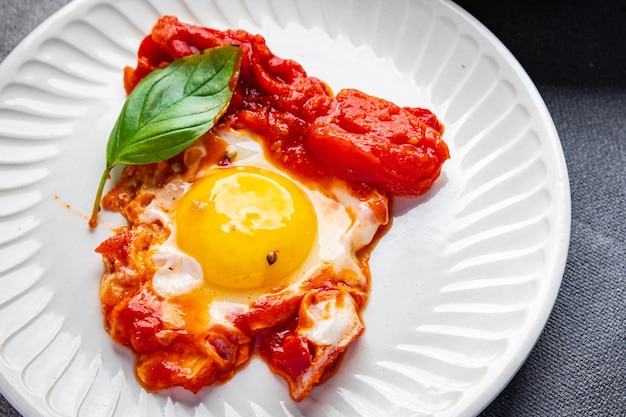 ovos shakshuka, tomate, pimenta, legumes café da manhã refeição saudável comida lanche dieta na mesa cópia