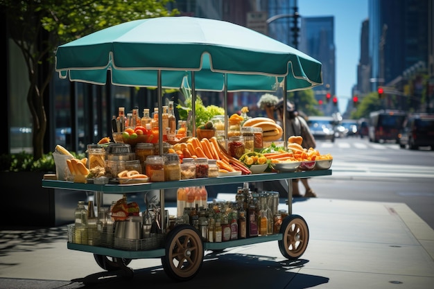 Owk carrinho de cachorro-quente em cenário urbano cercado por pessoas famintas e arranha-céus generativos IA