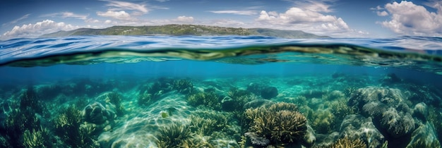 Ozean-Panoramablick unter Wasser mit der sichtbaren Grenze des Wassers und des Himmels Generative KI