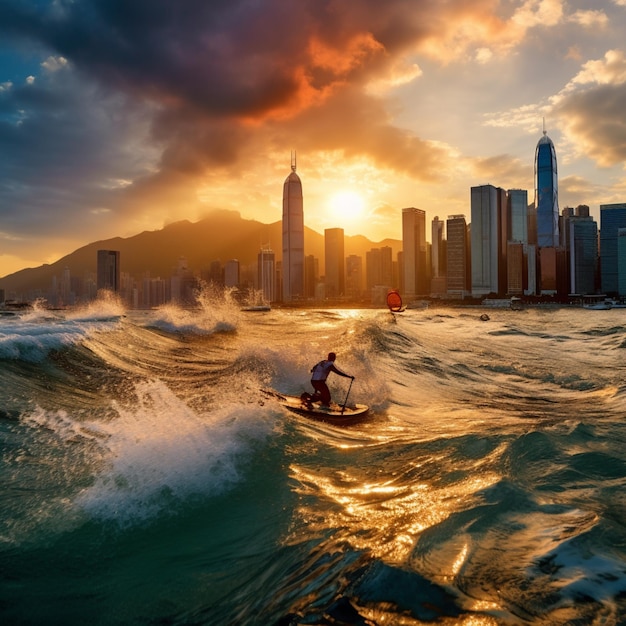 Ozean Welle Skim Surfbrett Surfen Sonnenuntergang Tapete KI Generierte Kunst