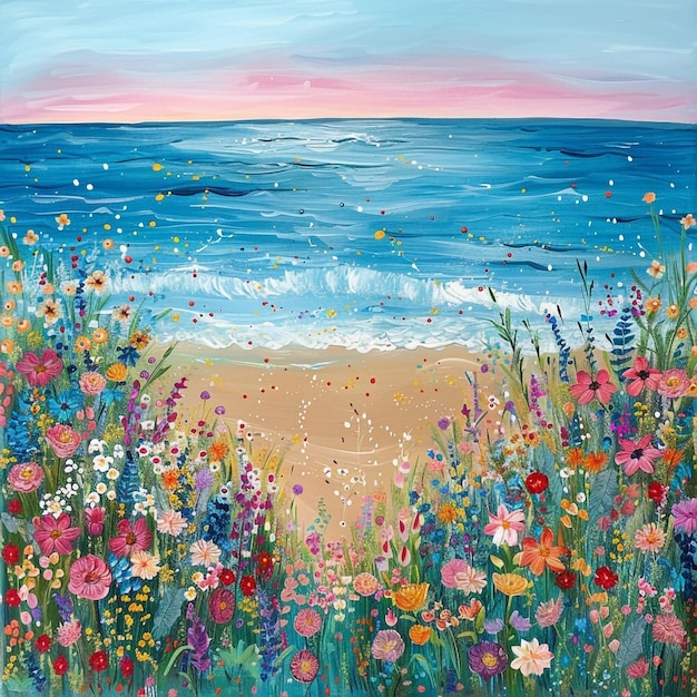 Ozean Wellen Strand Wildblumen Hintergrund