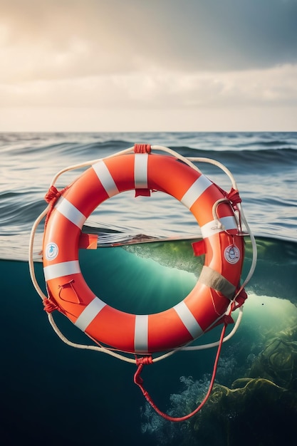 Ozeanische Plastikverschmutzungskonzept mit plastischer Taille und Rettungsboje, die im Ozean oder Meer schwimmen