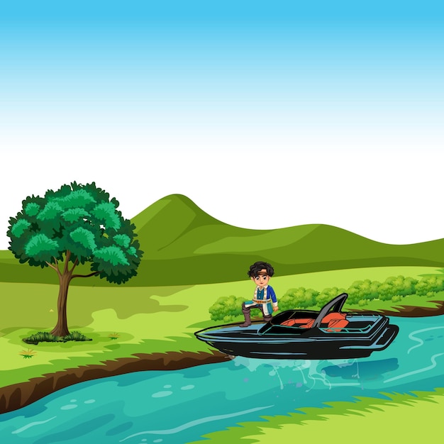 Ozeanlandschaft mit einem Jungen auf einem Motorboot