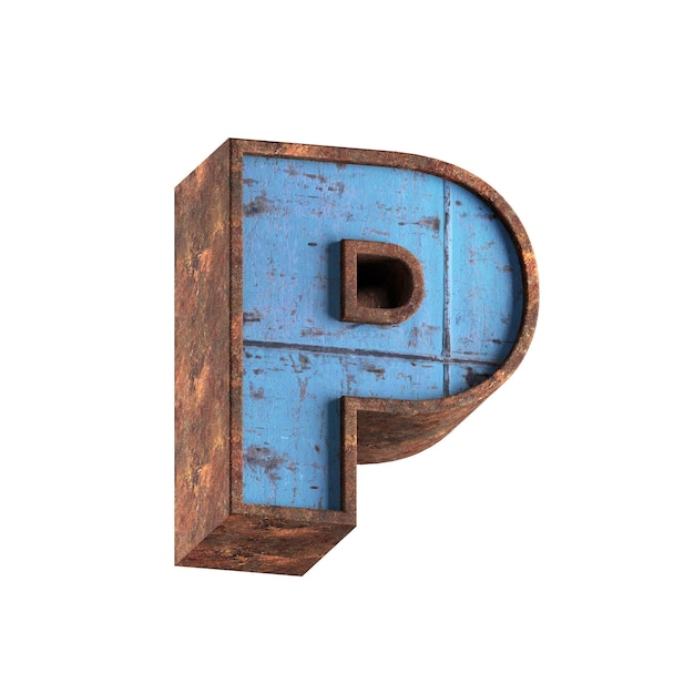 p letra 3d metal oxidado con textura de carácter