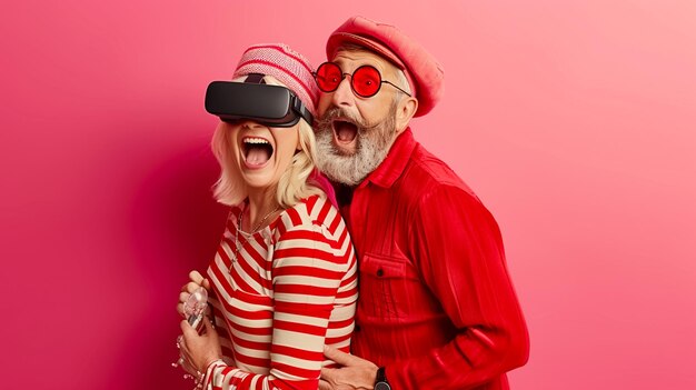 Foto paar älterer frau und mann emotional freudig überrascht mit virtueller realität sonnenbrille