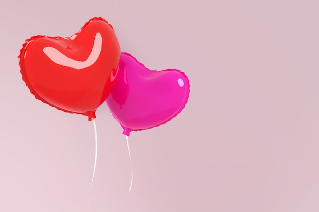 Paar Ballonherzen. Zwei Herzen fliegen auf rosa Hintergrund. Konzeptkarte am Valentinstag oder an der Hochzeit.