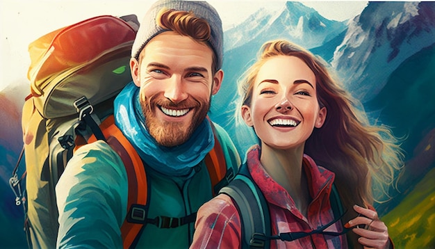 Paar beim Wandern in den Bergen Fröhliche Rucksacktouristen machen ein Selfie, während sie Hügel erklimmen Generative KI