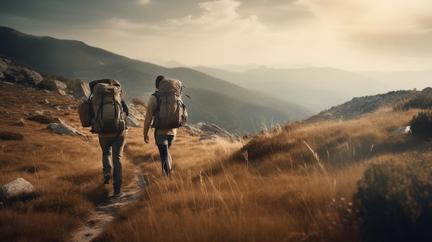 Paar beim Wandern mit Rucksäcken. Generative KI