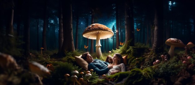 Paar, das sich im Wald unter Pilzen ausruht, das Konzept einer Fliegen-Agar-Psilocybin-Reise