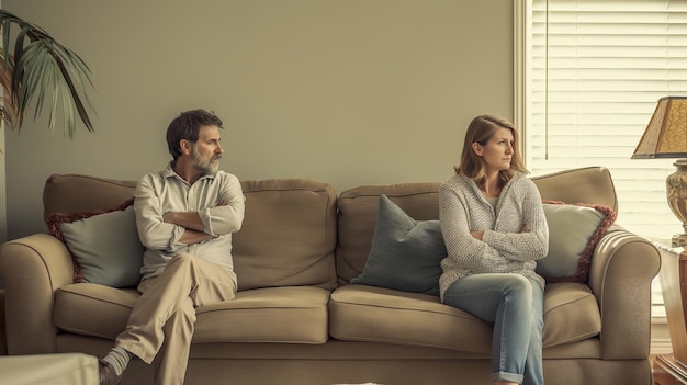 Paar, das sich im Wohnzimmer auf dem Sofa voneinander wegsieht