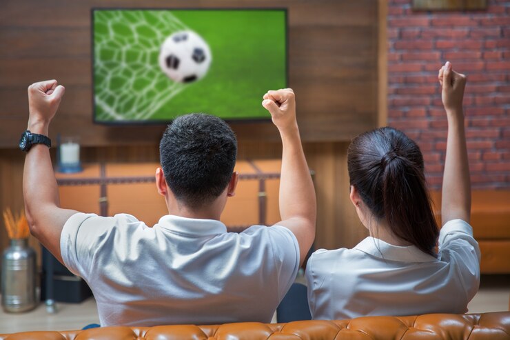 Paar, das Spaß beim Fußballspiel hat