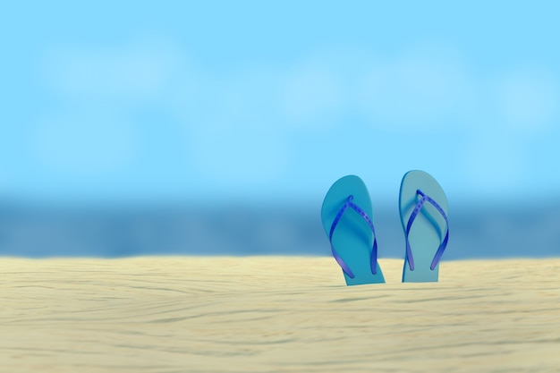 Paar Flip Flops am Strand mit dem Meer dahinter