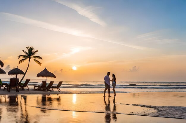 Paar geht bei Sonnenuntergang am Strand spazieren