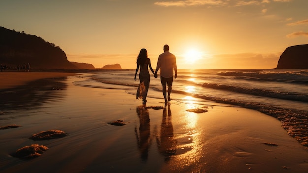 Paar geht Hand in Hand am Strand bei Sonnenuntergang