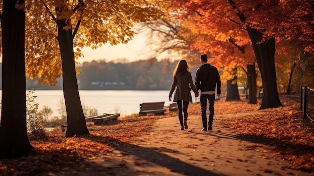 Paar geht im Park mit Herbstlaub spazieren