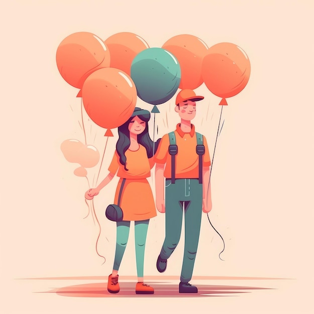 Paar geht mit Ballons auf einem rosa Hintergrund