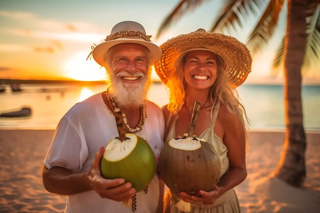 Paar genießt Kokosnusswasser am Strand bei Sonnenuntergang