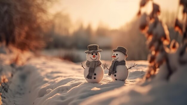 Paar glücklicher Schneemann steht in winterlicher Weihnachtslandschaft