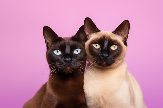 Paar grauer britischer Katzen sitzen nahe beieinander auf lila Hintergrund
