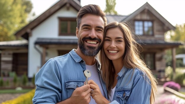 Paar hält Hausschlüssel nach Immobilienkauf in der Hand. Mann und Frau vor ihrem neuen Zuhause