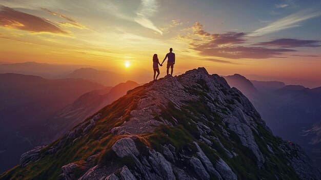 Paar hält sich an der Spitze eines Berges an den Händen