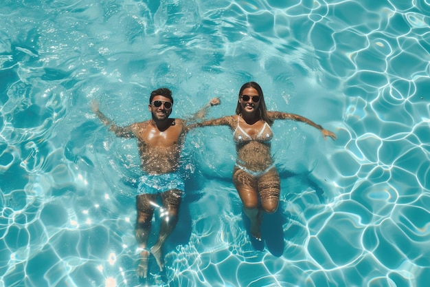 Paar im blauen, klaren Swimmingpool genießt gemeinsam die Sommerferien
