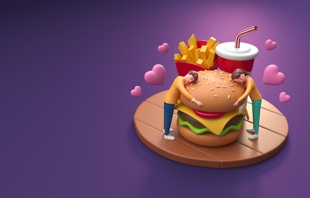 Paar in der Liebe mit Fast Food 3D-Illustration