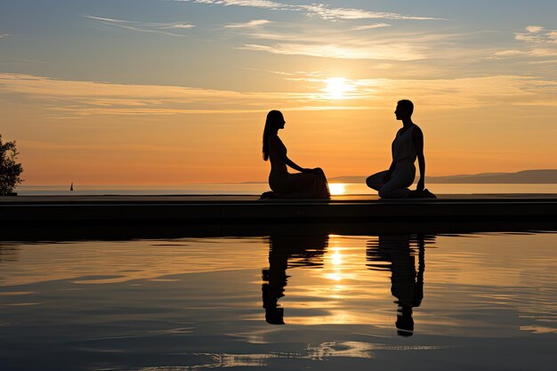 Paar in einem ruhigen Yoga-Kurs am Meer, generatives IA