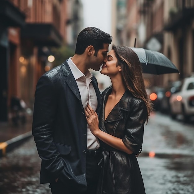 Paar küsst sich im Regen mit einem Regenschirm