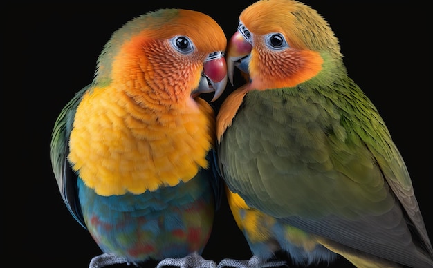 Paar Lovebirds auf schwarzem Hintergrund