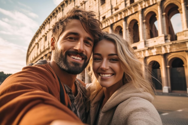 Paar macht Selfie vor der Kamera vor dem Kolosseum Rom Italien Generative KI