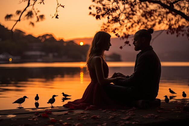 Foto paar meditiert am see zum sonnenaufgang generativ ia