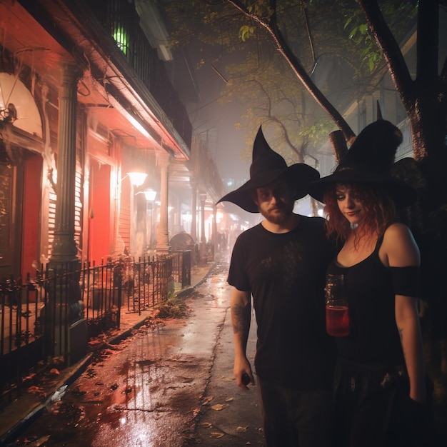Paar mit Halloween-Kostümen macht ein Selfie auf einer Party und feiert mit Freunden auf einer Halloween-Party
