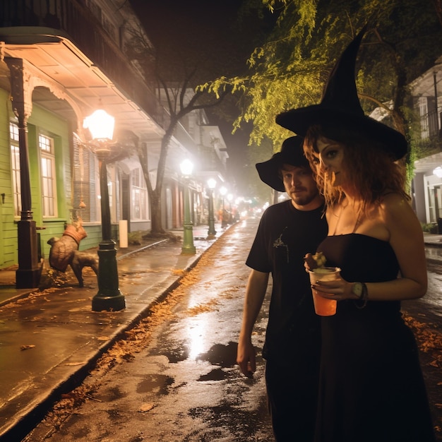 Paar mit Halloween-Kostümen macht ein Selfie auf einer Party und feiert mit Freunden auf einer Halloween-Party