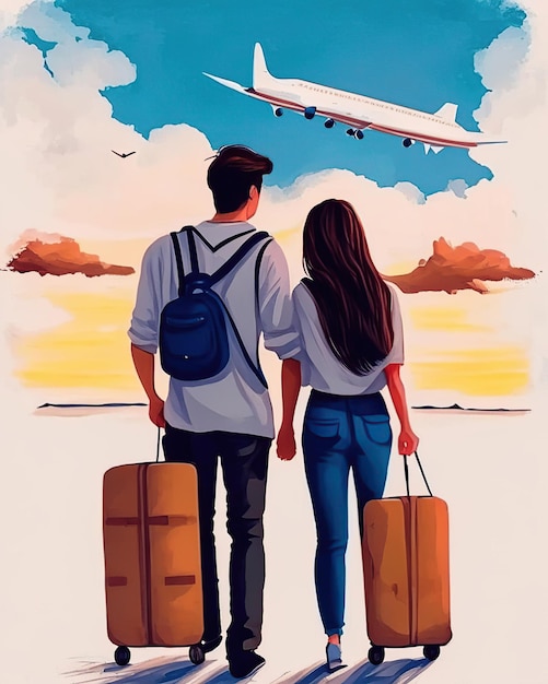 Paar mit Koffer bereisen die Welt, Abenteuer, Flugzeugtourismus