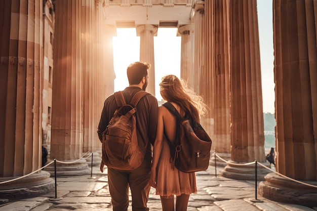 Paar mit Rucksack in der Schrift des Parthenons in Athen