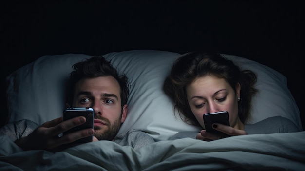 Paar mit Smartphones im Bett Handysucht Gelangweiltes, distanziertes Paar ignoriert es