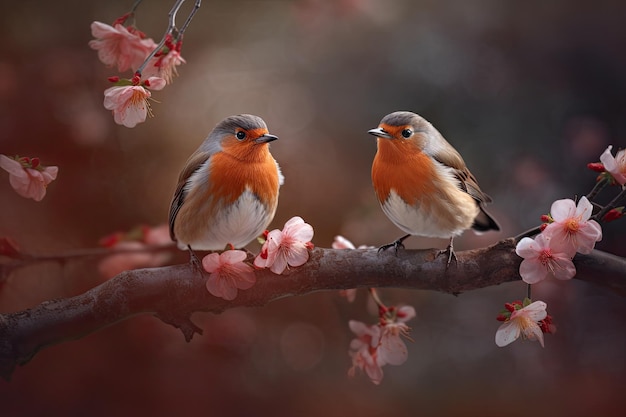 Paar romantische Wellensittiche Vögel auf einem Ast Liebeskonzept Generative KI