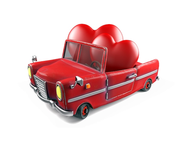Paar rote Herzen im Karikatursportwagen, Valentinstag-Themenkonzept