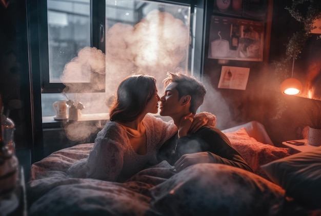 Paar sitzt auf einem Bett vor einem Fenster mit Kerzen und einer Kerze