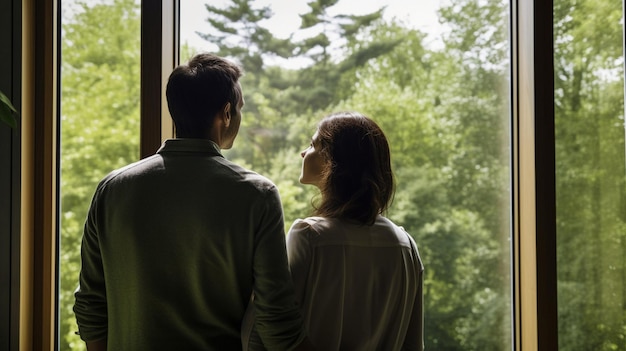 Paar steht vor einem Fenster mit Blick auf einen grünen Baum Generative KI