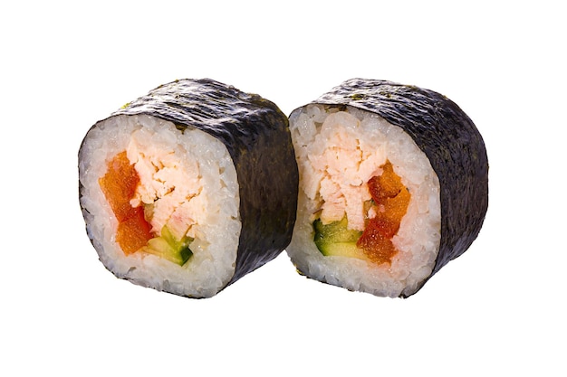 Paar Sushi-Rolle auf weißem Hintergrund Nahaufnahme von köstlichem japanischem Essen mit Sushi-Rolle