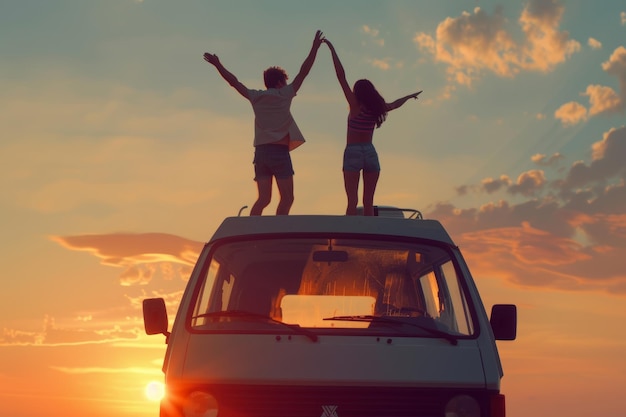 Paar tanzt auf einem Wohnwagen bei Sonnenuntergang im Stil von Pop-Insporoad-Reisen