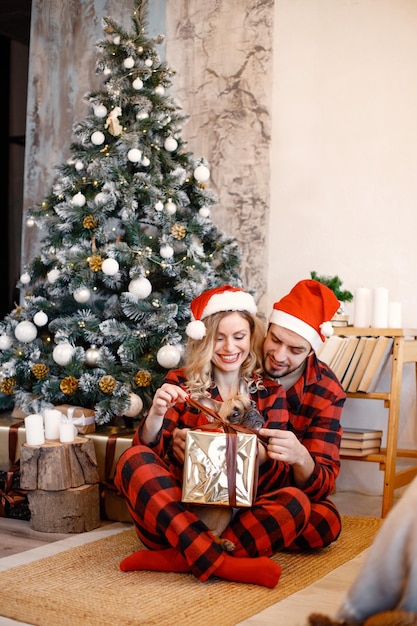 Paar trägt weihnachtlich karierte rote Pyjamas, die mit einem Hund auf dem Boden sitzen