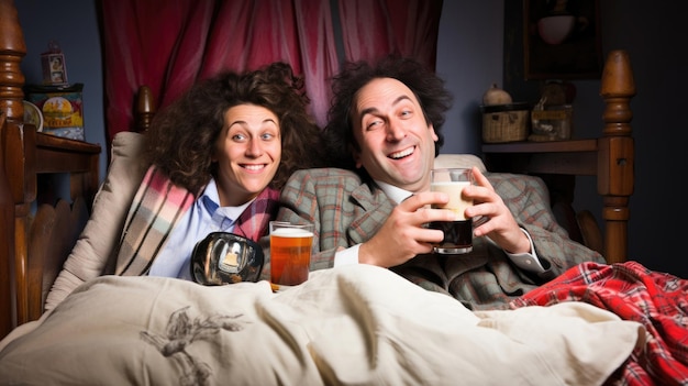 Paar trinkt Bier in ihrem Bett