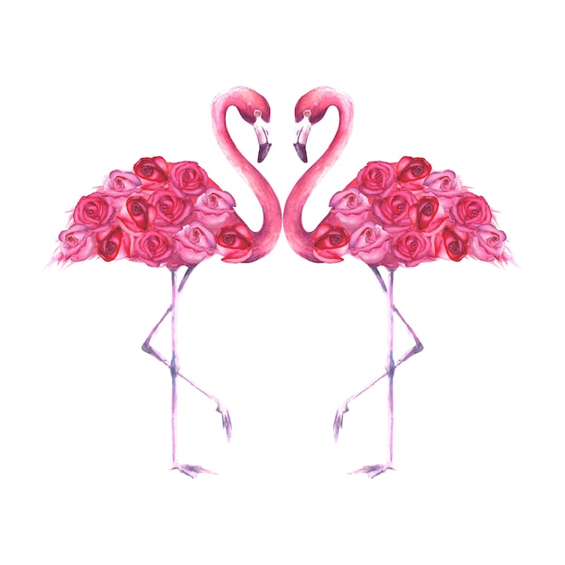 Paar tropische exotische rosa Flamingos mit Rosen auf weißem Hintergrund. Aquarell handgezeichnete natürliche botanische klassische Illustration für Hochzeitseinladungen, Grußkarten.