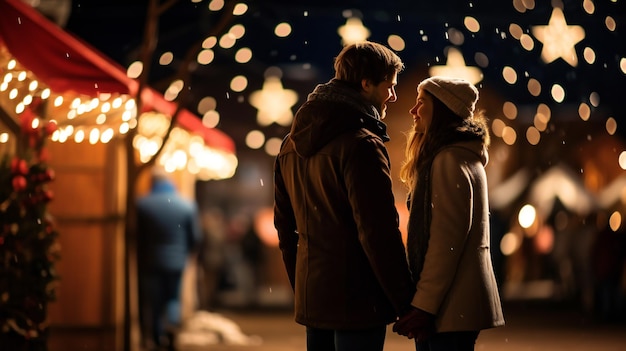 Paar umarmt sich auf dem Weihnachtsmarkt Weihnachtsmarkt Magie Junge Liebe unter den funkelnden Lichtern