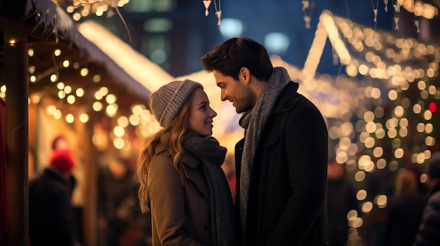 Paar umarmt sich auf dem Weihnachtsmarkt Weihnachtsmarkt Magie Junge Liebe unter den funkelnden Lichtern