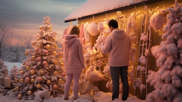 Paar umarmt sich in der Nähe von Weihnachtsbäumen Winterferien Liebesgeschichte eines jungen Paares in weißen Pullovern Glücklicher Mann und junge Frau lieben sich Hochwertiges Foto