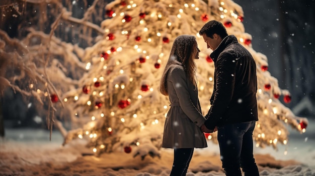 Paar umarmt sich in der Nähe von Weihnachtsbäumen Winterferien Liebesgeschichte eines jungen Paares in weißen Pullovern Glücklicher Mann und junge Frau lieben sich Hochwertiges Foto